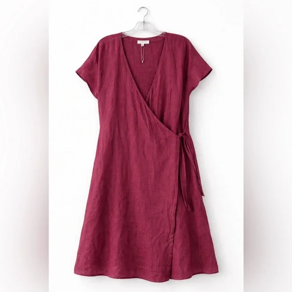 Eileen Fisher Organic Linen Wrap Dress Raspberry vine V-Neck Midi Size 2X - Picture 2 of 9